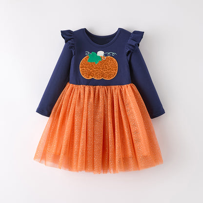 Girls Fall Halloween Pumpkin Sequins Apploqie Orange Tulle Dress