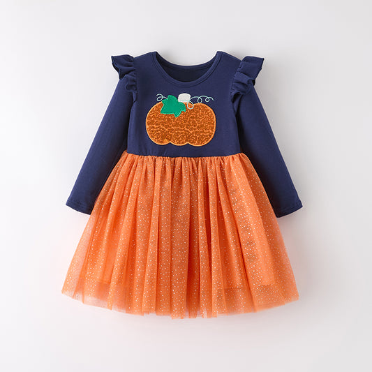 Girls Fall Halloween Pumpkin Sequins Apploqie Orange Tulle Dress