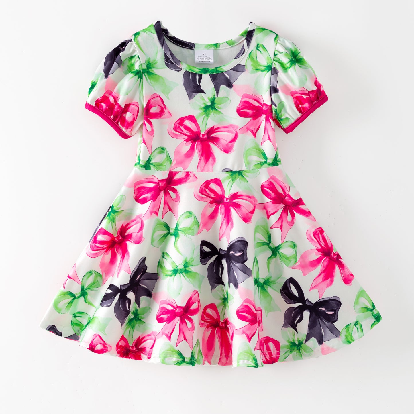 2026 Spring St.Patrick's Day Bow Short Sleeves Twirl Dress