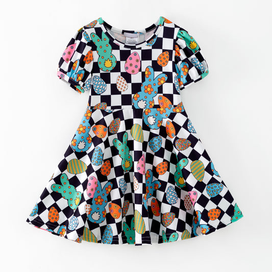Kids Easter Colorful Plaid Bunny Print Twirl Dress