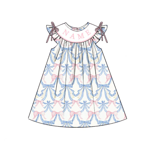 Girls Summer Pink Blue Bow Custom Name Embroidery Dress