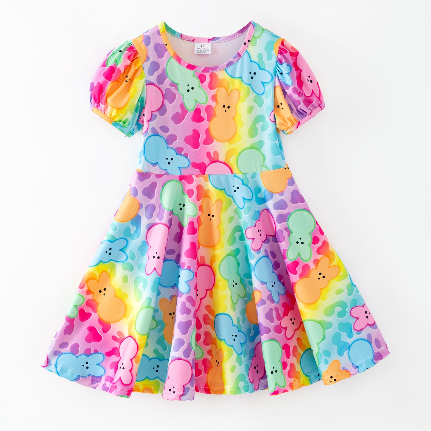 Kids Easter Colorful Plaid Bunny Print Twirl Dress