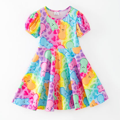 Kids Easter Colorful Plaid Bunny Print Twirl Dress