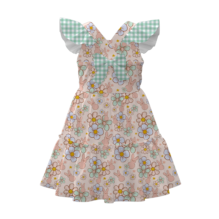 Summer Girls Floral Bunny Lemon Balloon Print Bow Dress