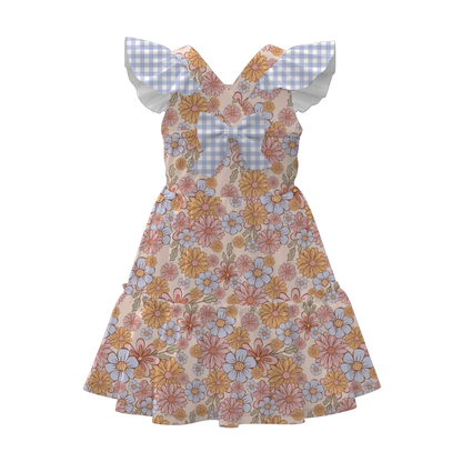 Summer Girls Floral Bunny Lemon Balloon Print Bow Dress