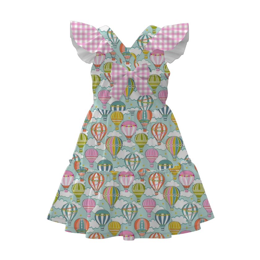 Summer Girls Floral Bunny Lemon Balloon Print Bow Dress