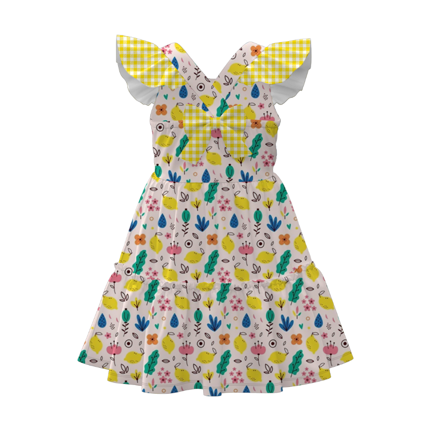 Summer Girls Floral Bunny Lemon Balloon Print Bow Dress