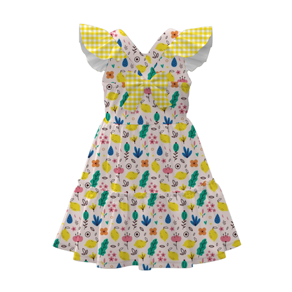 Summer Girls Floral Bunny Lemon Balloon Print Bow Dress