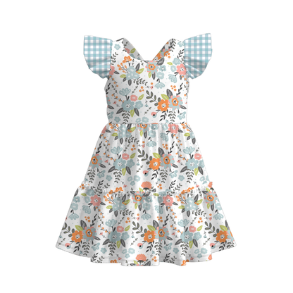Summer Girls Floral Bunny Lemon Balloon Print Bow Dress