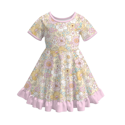 Spring Girls Easter Bunny Floral Chick Pattern Ruffles Dress