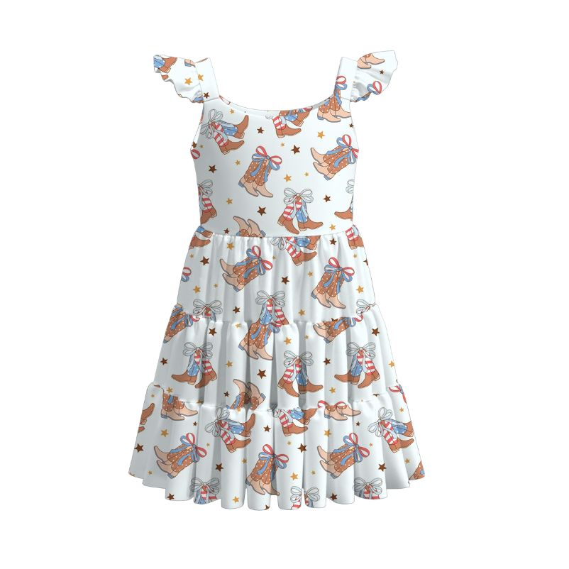 Girls Summer July 4th Boots Bow Print Patchwork Dress