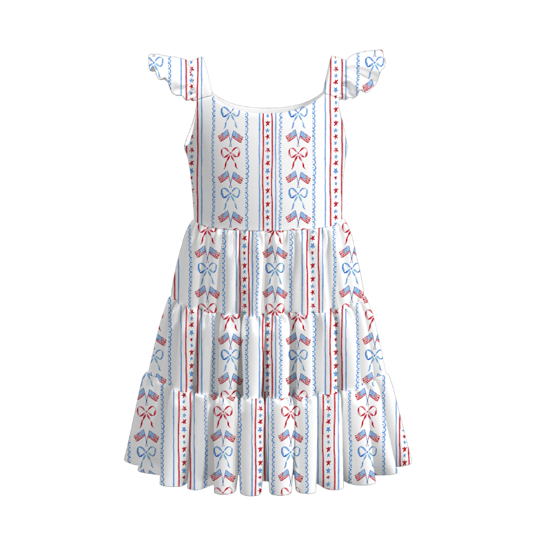 Girls Summer 4th Of July Flag Bow Print Patchwork Dress