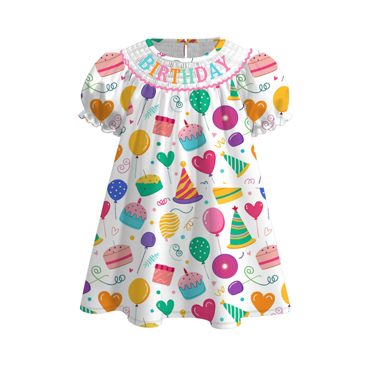 Girls Birthday Themed Smocked Embroidered Dress