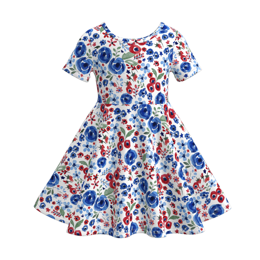 Girls Summer Blue Red Floral July 4th Twirl Dress