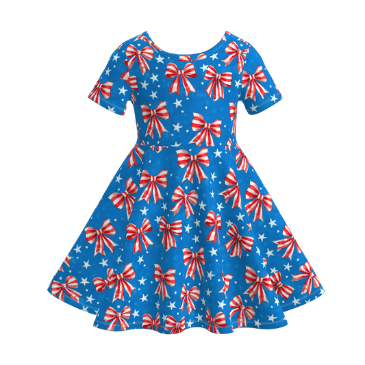 Girls July 4th  Red Blue Bow Twirl Dress