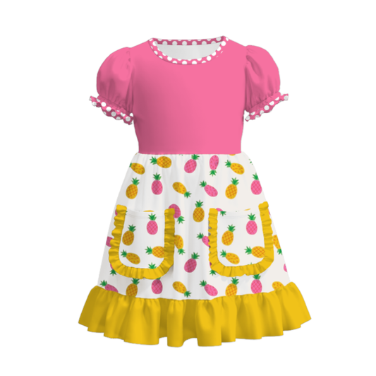 Girls Summer Pineapple Pocket Hot Pink Dress