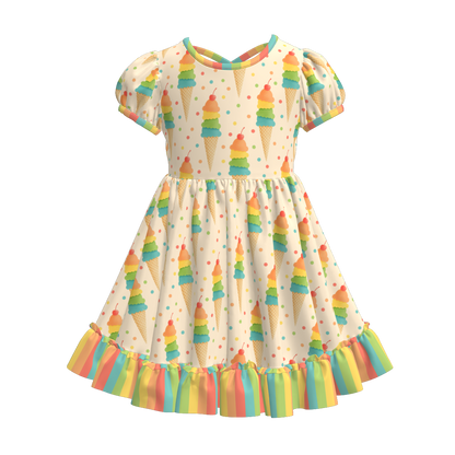 Toddler Girls Fruit Ice-cream Summer Themed Print Ruffled Dress