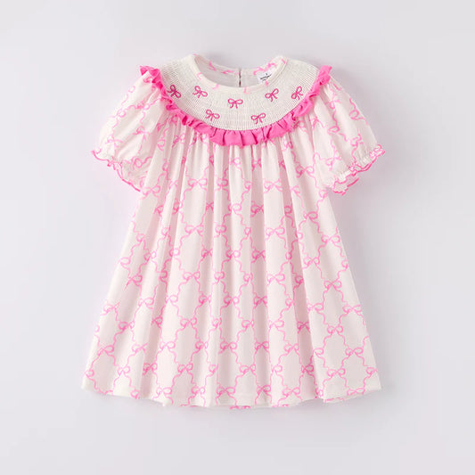 Girls Summer Pink Bow Smocked Embroidered Dress