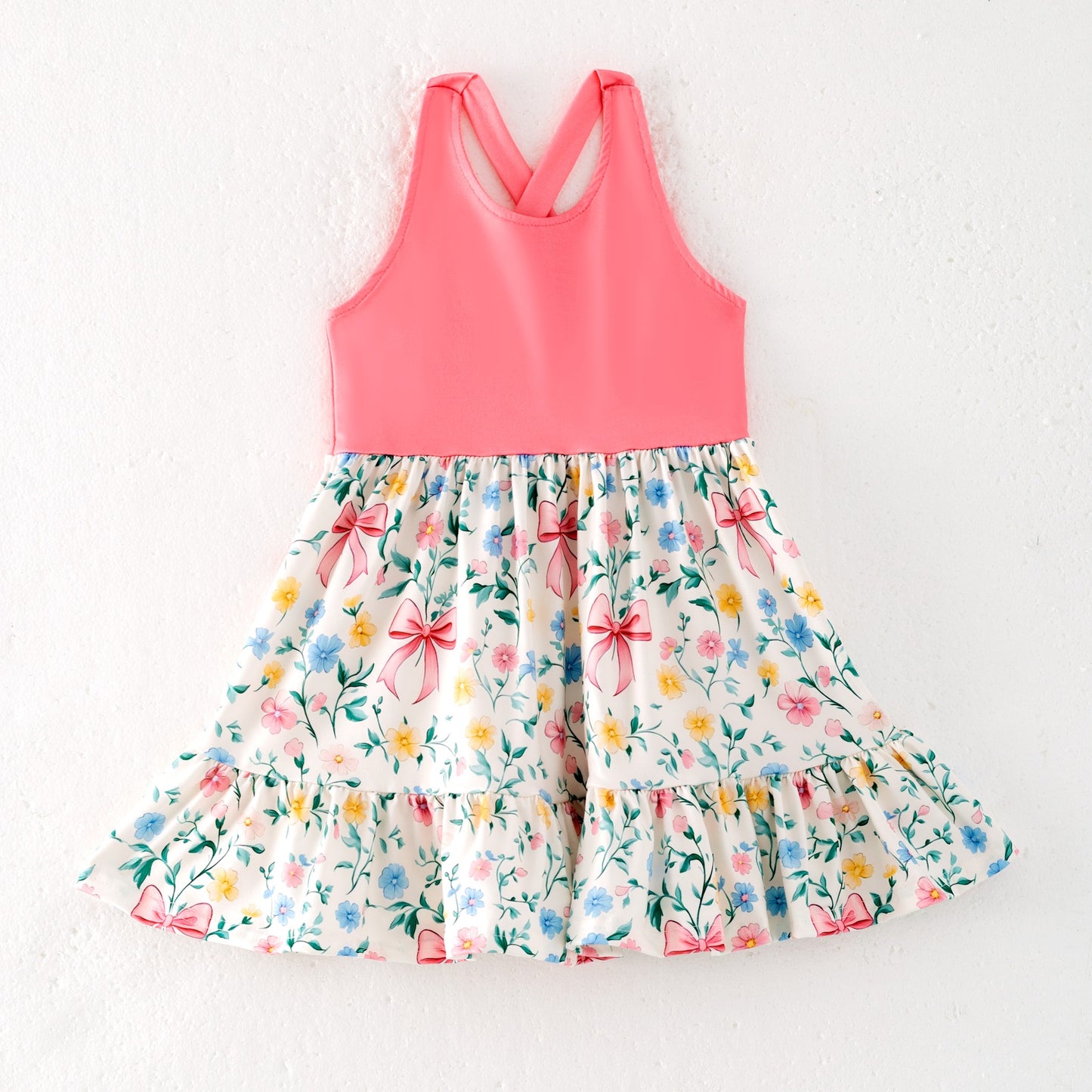 Girls Summer Sibling Matching Pink Bow Floral Clothes