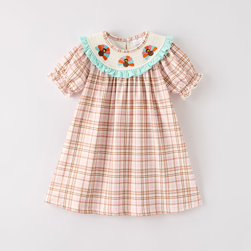 Girls Thanksgiving Turkey Smock Embroidery Plaid Dress