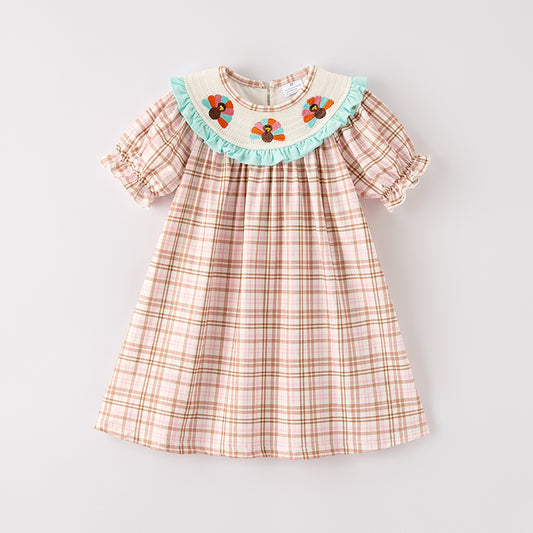 Girls Thanksgiving Turkey Smock Embroidery Plaid Dress