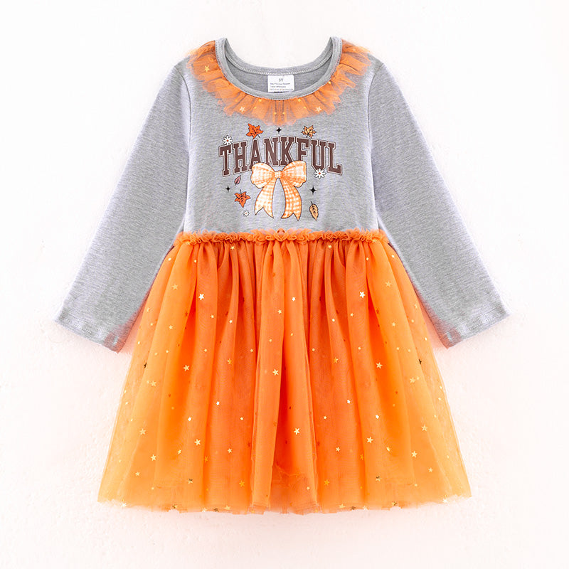 Girls Thanksgiving Gray Thankful Bow Print Orange Tulle Dress