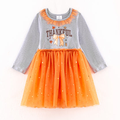Girls Thanksgiving Gray Thankful Bow Print Orange Tulle Dress
