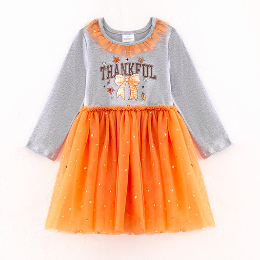 Girls Thanksgiving Gray Thankful Bow Print Orange Tulle Dress