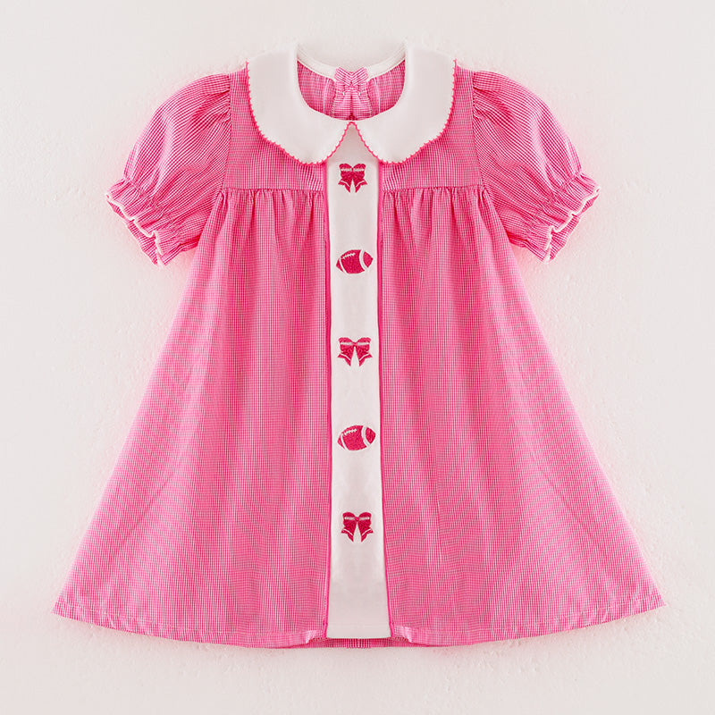 Girls Fall Football Bow Pink Plaid Embroidery Short Sleeves Cotton Dress