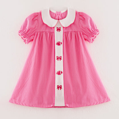 Girls Fall Football Bow Pink Plaid Embroidery Short Sleeves Cotton Dress
