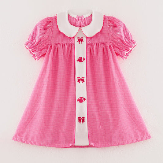Girls Fall Football Bow Pink Plaid Embroidery Short Sleeves Cotton Dress