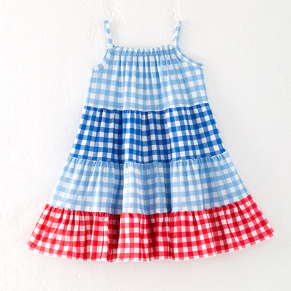 Girls Summer July 4th Red Blue Plaid Patchwork Dress