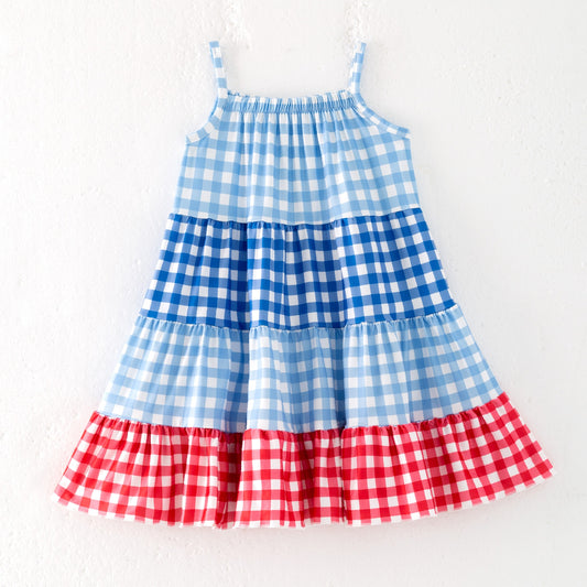 Girls Summer July 4th Red Blue Plaid Patchwork Dress
