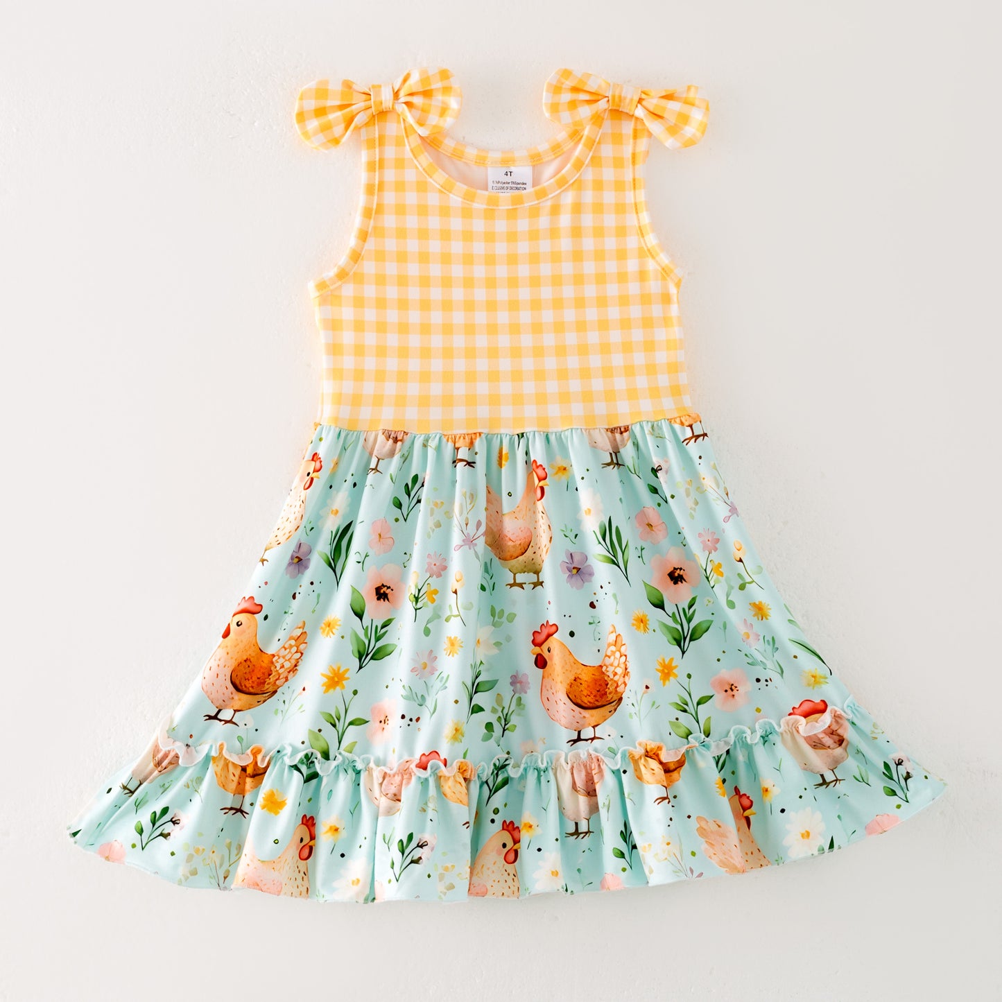 Girls' Summer Farm Yellow Plaid Chick Floral Print Dress