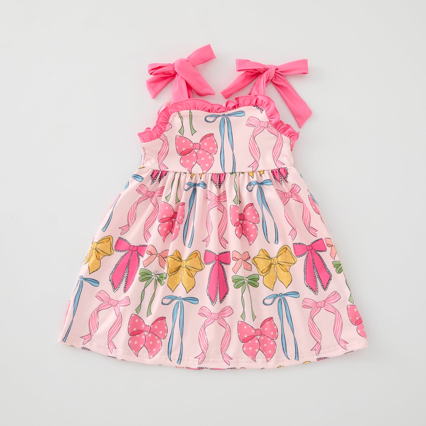 Girls Hot Pink Yellow Blue Bow Print Slip Dress