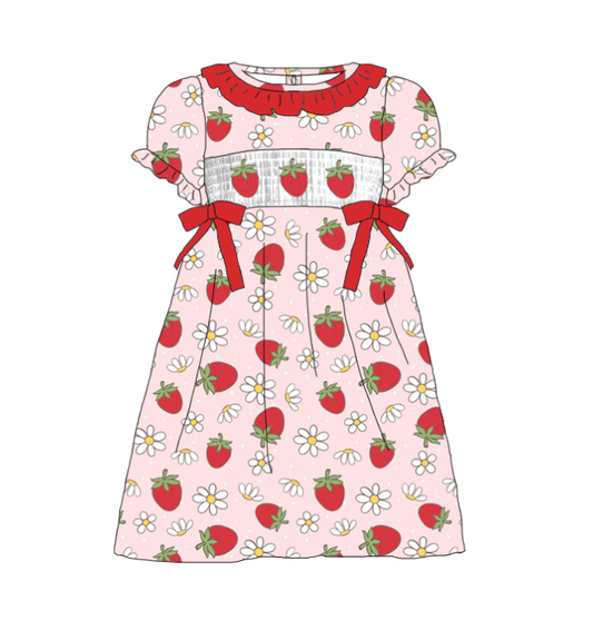 Girls Summer Strawberry Smocked Embroidered Dress