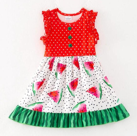 Girls Summer Red Green Watermelon Twirl Dress