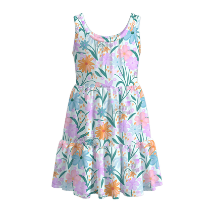 Girls Summer Floral Plaid Print Patchwork Dress