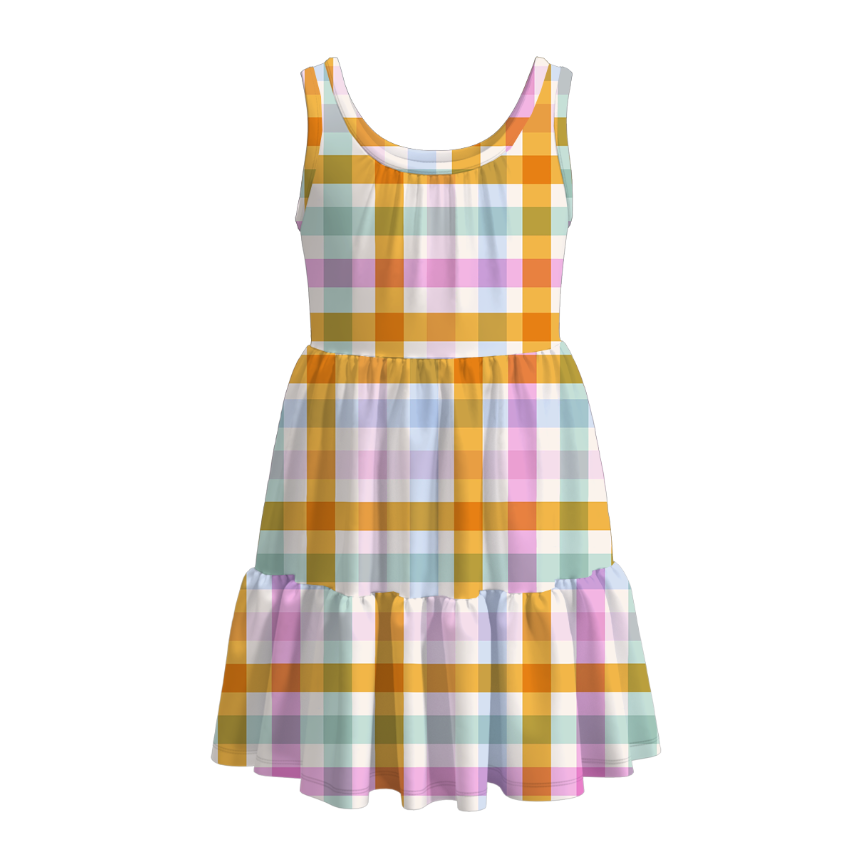 Girls Summer Floral Plaid Print Patchwork Dress
