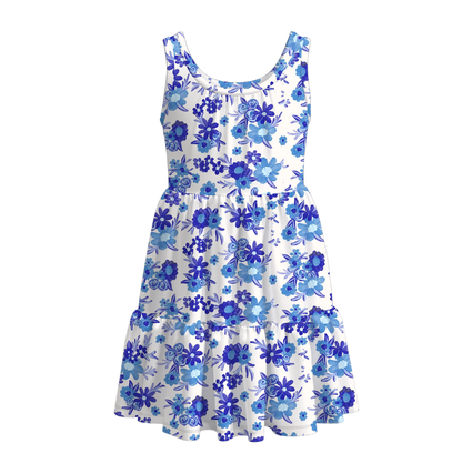 Girls Summer Floral Plaid Print Patchwork Dress