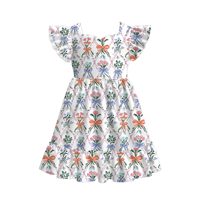 Girls Summer Bow Goose Print Short Sleeves Dress
