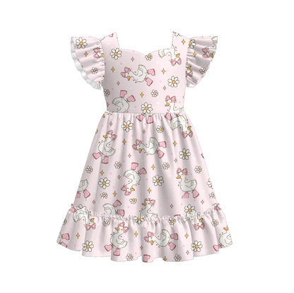 Girls Summer Bow Goose Print Short Sleeves Dress