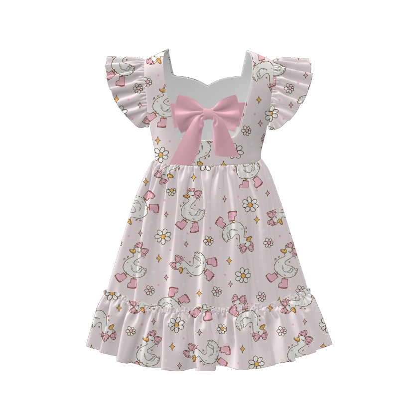 Girls Summer Bow Goose Print Short Sleeves Dress