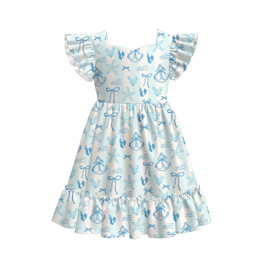 Girls Summer Bow Goose Print Short Sleeves Dress