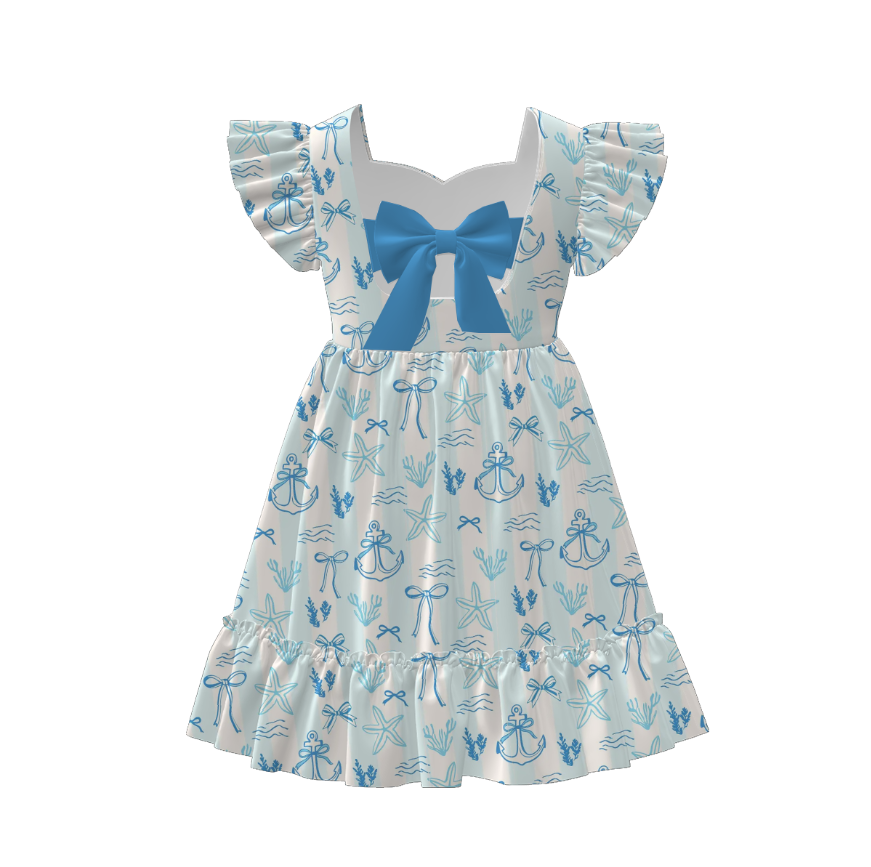 Girls Summer Bow Goose Print Short Sleeves Dress