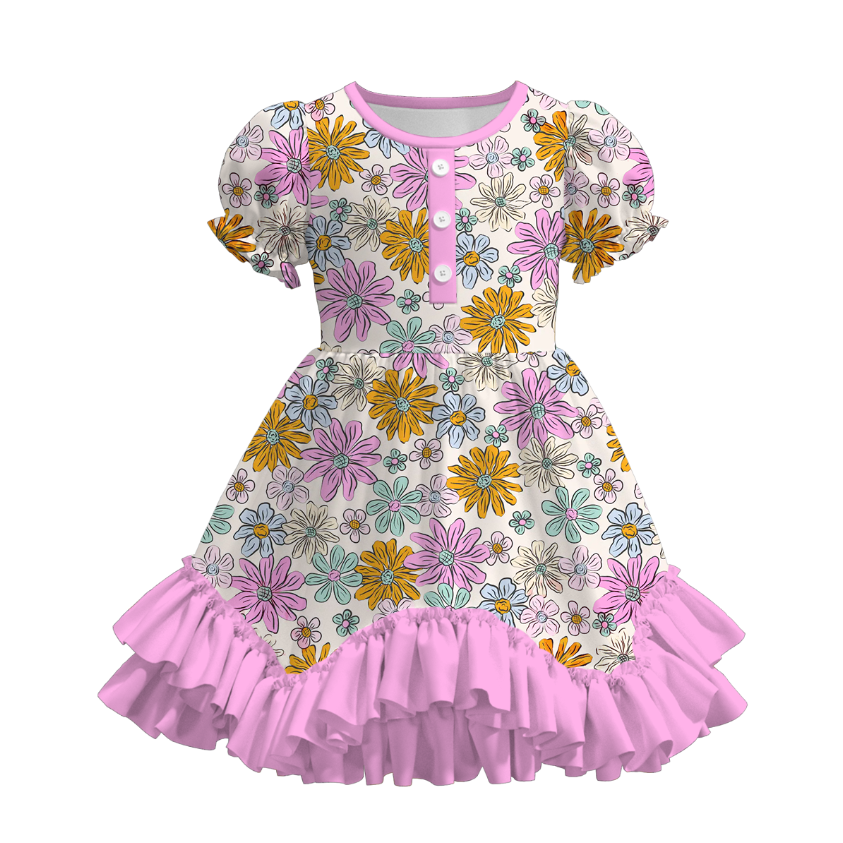 Girls Summer Crab Flower Lemon Print Ruffled Dress