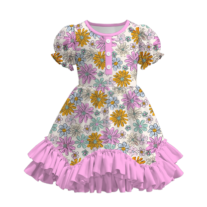 Girls Summer Crab Flower Lemon Print Ruffled Dress