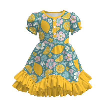 Girls Summer Crab Flower Lemon Print Ruffled Dress