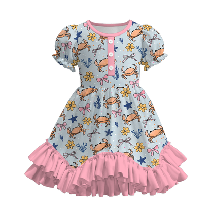 Girls Summer Crab Flower Lemon Print Ruffled Dress