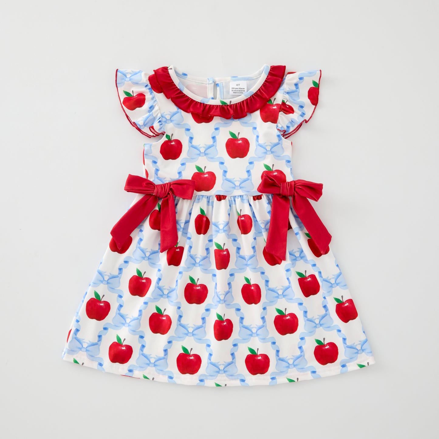 Girls Back To School Red Blue Apple Bow Dress